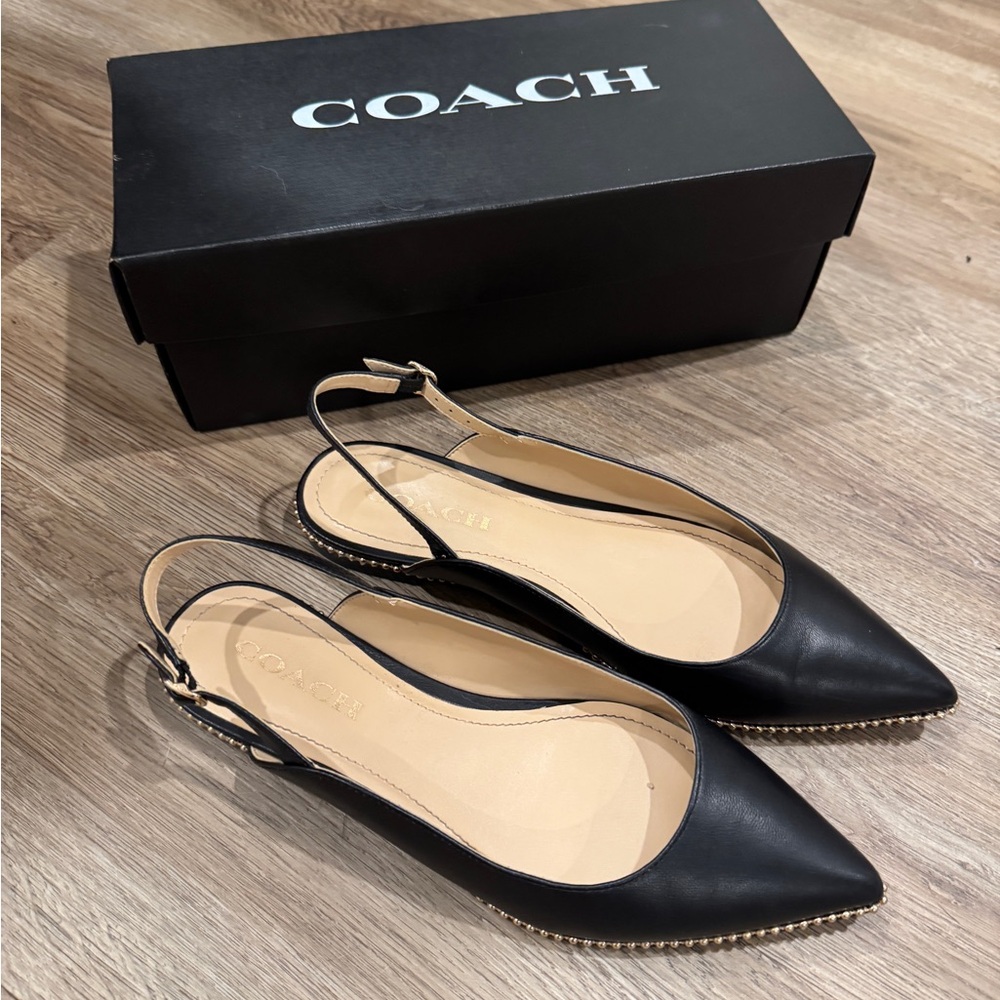 Coach Black Leather Flats with Gold Accents
